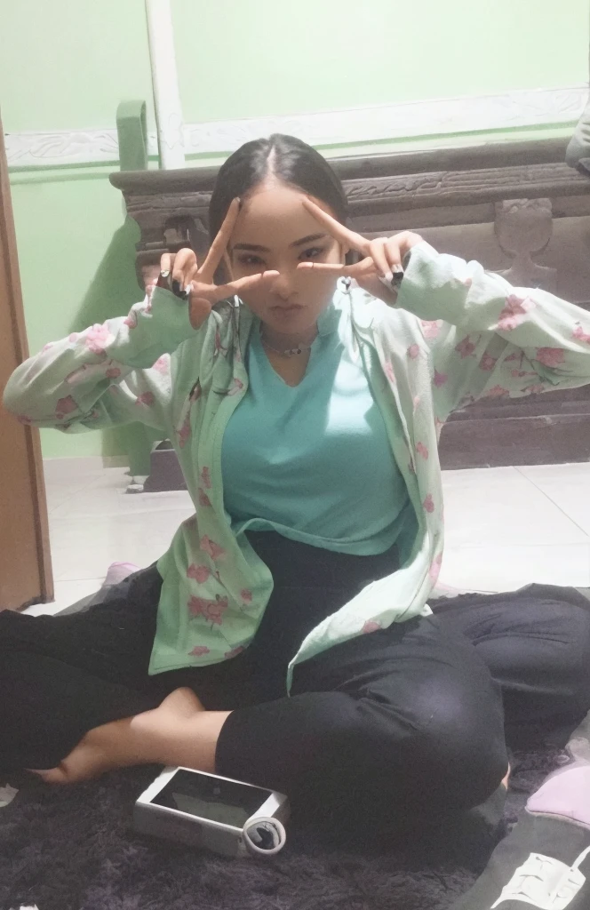 woman sitting on the floor with her hands in the air, cool pose, peacefull, anjali mudra, with a cool pose, shooting pose, peace sign, satisfied pose, armfold pose!, in a fighting pose, an artistic pose, with fingers, doing a sassy pose, in an action pose, inspired by Yi Insang, dang my linh, big bobs, perfect breast, bobs