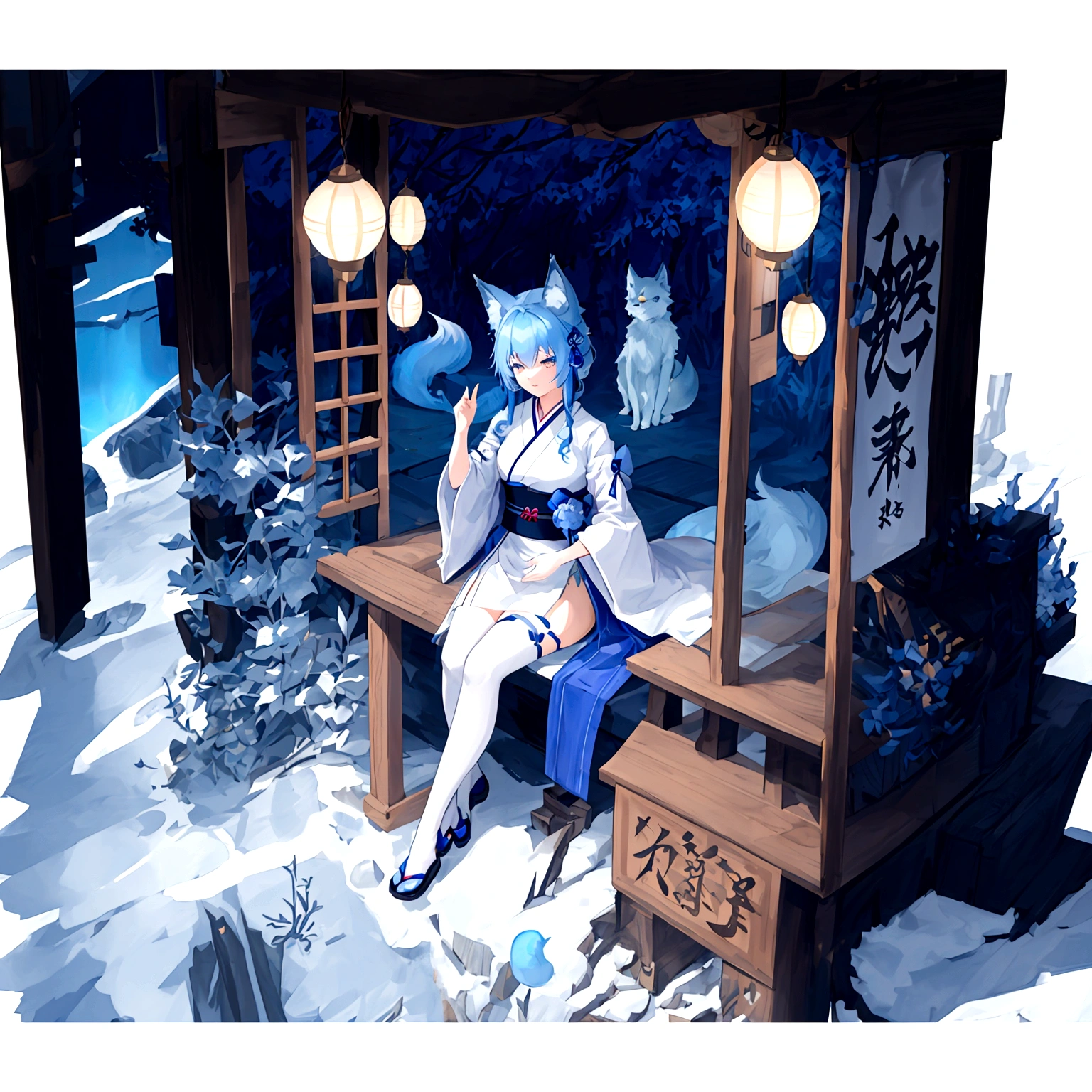 fox Light blue hair 　beast girl　indigo fur　fox beast girl　fox Light blue hair 　beast girl　indigo fur　fox beast girl　Wallpaper 4k,8k,highly detailled,,vivid colors,detailed kitsune with 9 tails,traditional Japanese artwork,tatami floor,beautiful cherry blossoms,floating lanterns,dark silhouette of a pagoda,subtle moonlight,dense forest,ethereal atmosphere,dappled sunlight,whimsical spirit,serene expression,elaborate kimono and obi,delicate hand-painted details,luminous eyes　Anime Style　fox　blue　White-faced golden-haired nine-tailed fox　Coat blue　　fox Light blue hair 　beast girl　indigo fur　fox beast girl　Anime Style　fox　blue　White-faced golden-haired nine-tailed fox　Coat blue　　　mysterious background　Blue Flame　girl　have a ball of light　fox Light blue hair 　beast girl　indigo fur　fox beast girl　mysterious background　Blue Flame　girl　have a ball of light Anime Style　fox　blue　White-faced golden-haired nine-tailed fox　Coat blue　　　mysterious background　Blue Flame　girl　have a ball of light