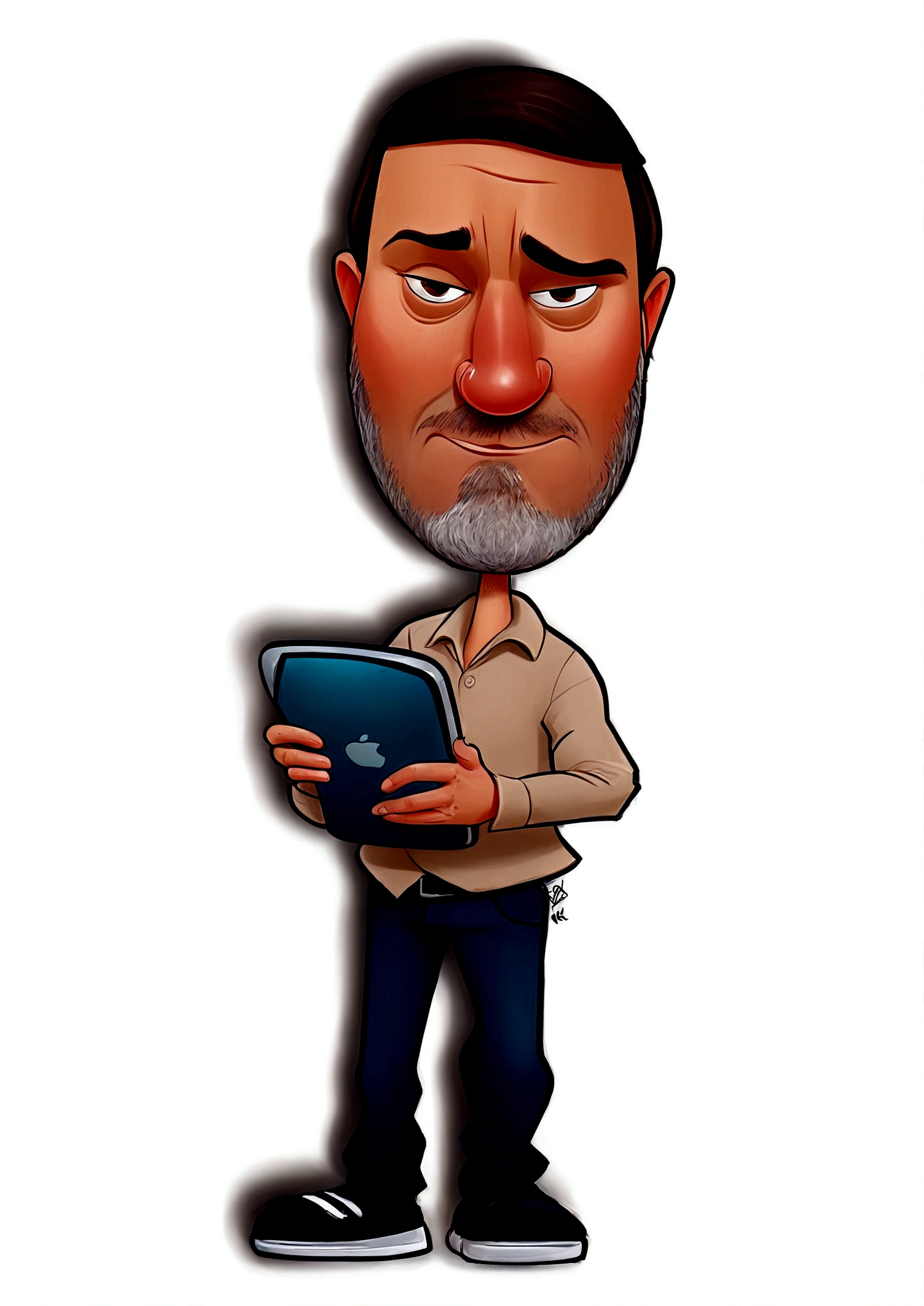 8k, cartoon of a man holding a tablet in his hands, caricature style, caricature illustration, cartoon digital art, caricature, caricaturista alarcón, digital art cartoon, cartoon portrait, caricature!!!, caricature, cartoon style Harry Volk clip art, in cartoon style, caricature, he is holding a smartphone, cartoon art style