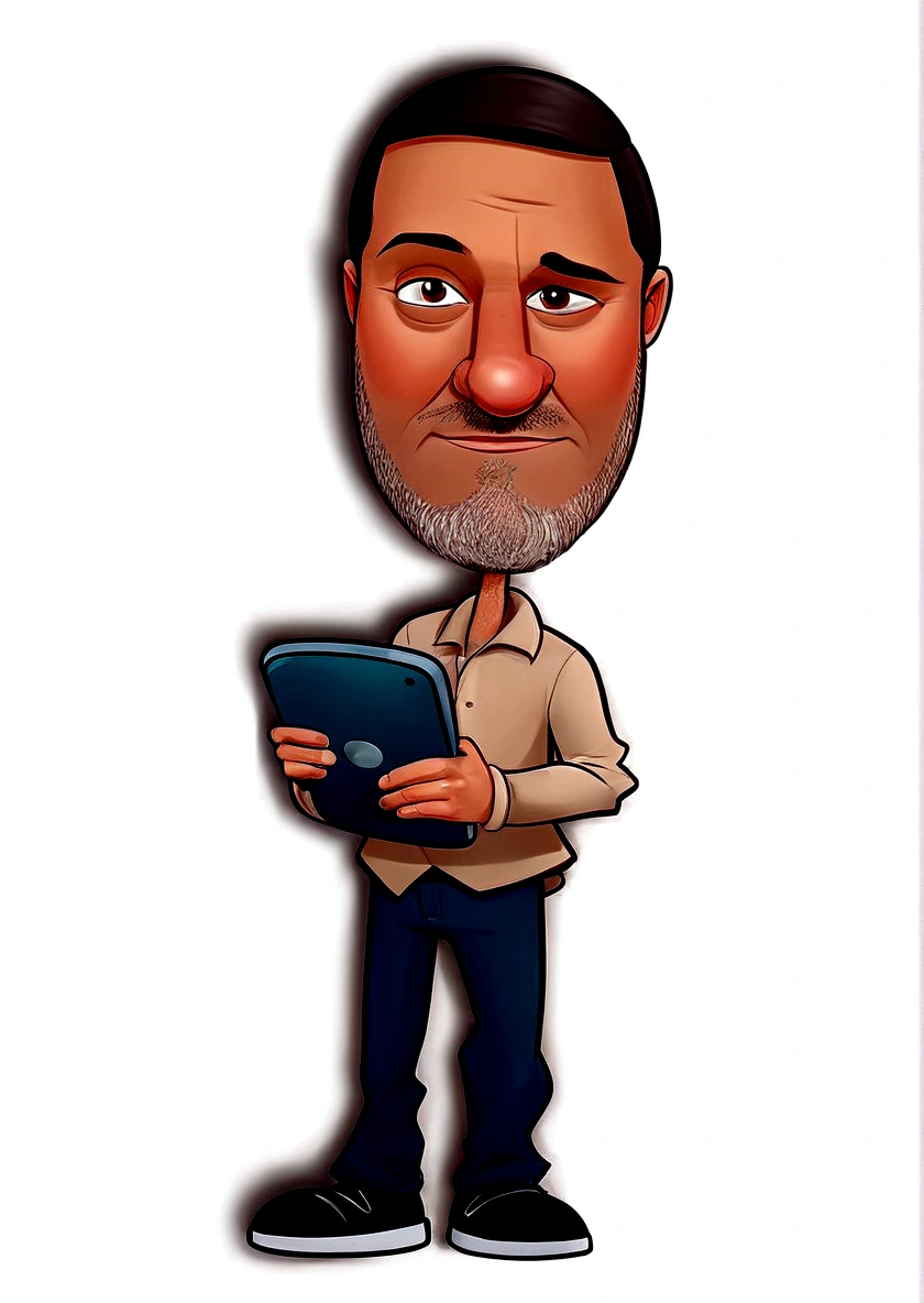 8k, cartoon of a man holding a tablet in his hands, caricature style, caricature illustration, cartoon digital art, caricature, caricaturista alarcón, digital art cartoon, cartoon portrait, caricature!!!, caricature, cartoon style Harry Volk clip art, in cartoon style, caricature, he is holding a smartphone, cartoon art style