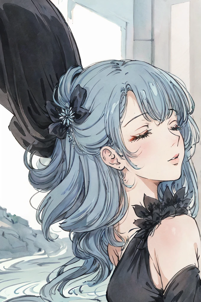 anime style, profile/side view, closeup, woman, (light blue) hair, long hair, closed eyes, sleeveless black party dress, nymph, flowing, sparkle