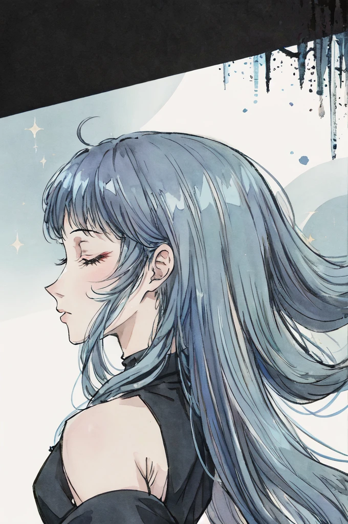 anime style, profile/side view, closeup, woman, (light blue) hair, long hair, closed eyes, sleeveless black party dress, nymph, flowing, sparkle