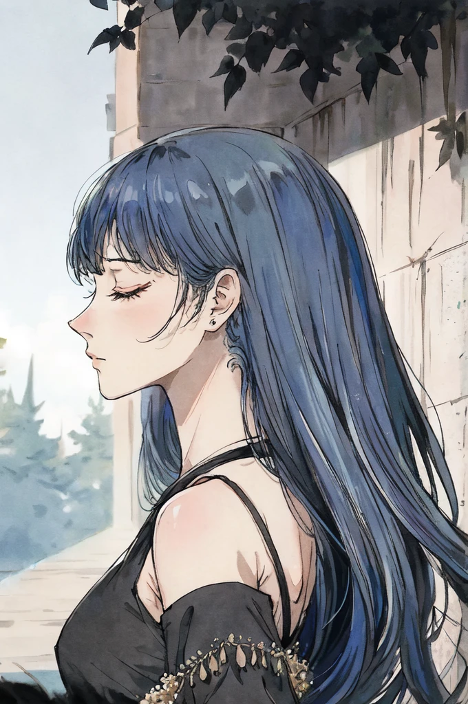 anime style, profile/side view, closeup, woman, (light blue) hair, long hair, closed eyes, sleeveless black party dress, nymph, flowing, sparkle