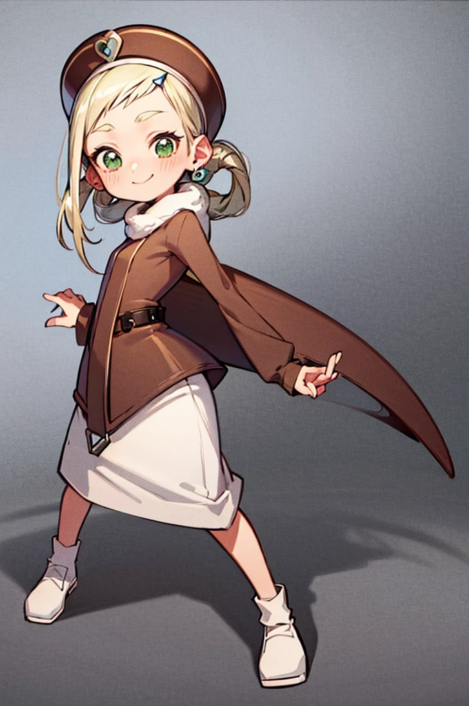 masterpiece, best quality, full body, simple background:1.2, no background, Ojamajo Doremi style, ojaskmmkcs, standing, tall, smile, wink, one eye closed, adult, medium breasts, heavy winter brown jacket:1.2, gray shirt:1.2, blue jean pants, winter hat, green eyes, blush, energetic pose, hands behind back:1.2