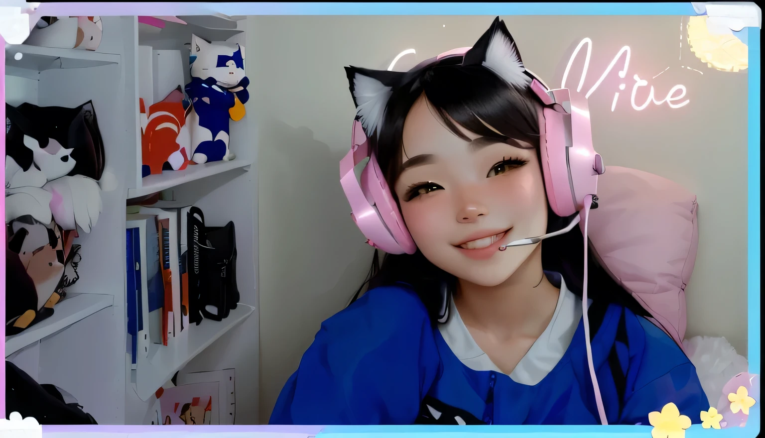 femme souriante portant des écouteurs et un écouteur de chat, ruan mignon vtuber, porter des écouteurs avec oreilles de chat, porter un casque de jeu, banderole Twitch, Ahri, Porter un casque de jeu, Fille avec des oreilles de chat, diffusion sur Twitch, inspiré de Ma Yuanyu, très belle catgirl mignonne, oreilles de chat sur la tête, avec des écouteurs, Portrait de Lofi