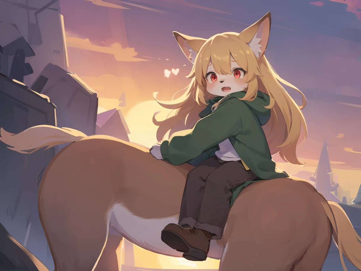 the fox, , was hairy, shaggy, skin fur, smooth lashes, golden fur, forelimb hands, straight long blonde hair, solid circle eyes, golden ears, golden fur, golden facial fur, shiny hair, red eyes, heart-shaped eyes, super cute face, 1fox tail, fluffy tail, furry tail, glowing eyes, green coat green hood down, brown trousers, riding horse, open mouth, pain face, embarrassed, ambient light, ultra-fine fur, dashed eyes, full body, masterpiece, high quality, high-details, best quality, (((solo))), twilight, sun light, red sky, rim light