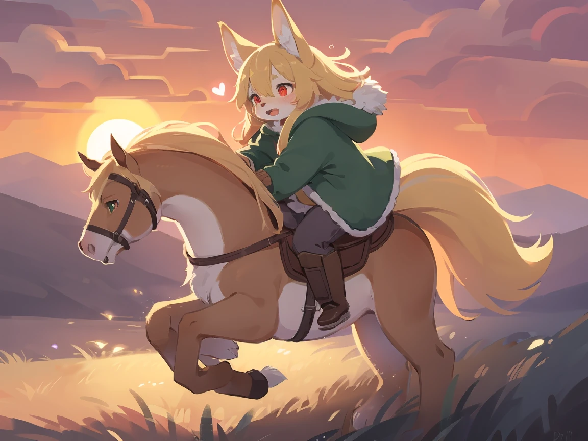 the fox, , was hairy, shaggy, skin fur, smooth lashes, golden fur, forelimb hands, straight long blonde hair, solid circle eyes, golden ears, golden fur, golden facial fur, shiny hair, red eyes, heart-shaped eyes, super cute face, 1fox tail, fluffy tail, furry tail, glowing eyes, green coat green hood down, brown trousers, riding horse, open mouth, pain face, embarrassed, ambient light, ultra-fine fur, dashed eyes, full body, masterpiece, high quality, high-details, best quality, (((solo))), twilight, sun light, red sky, rim light