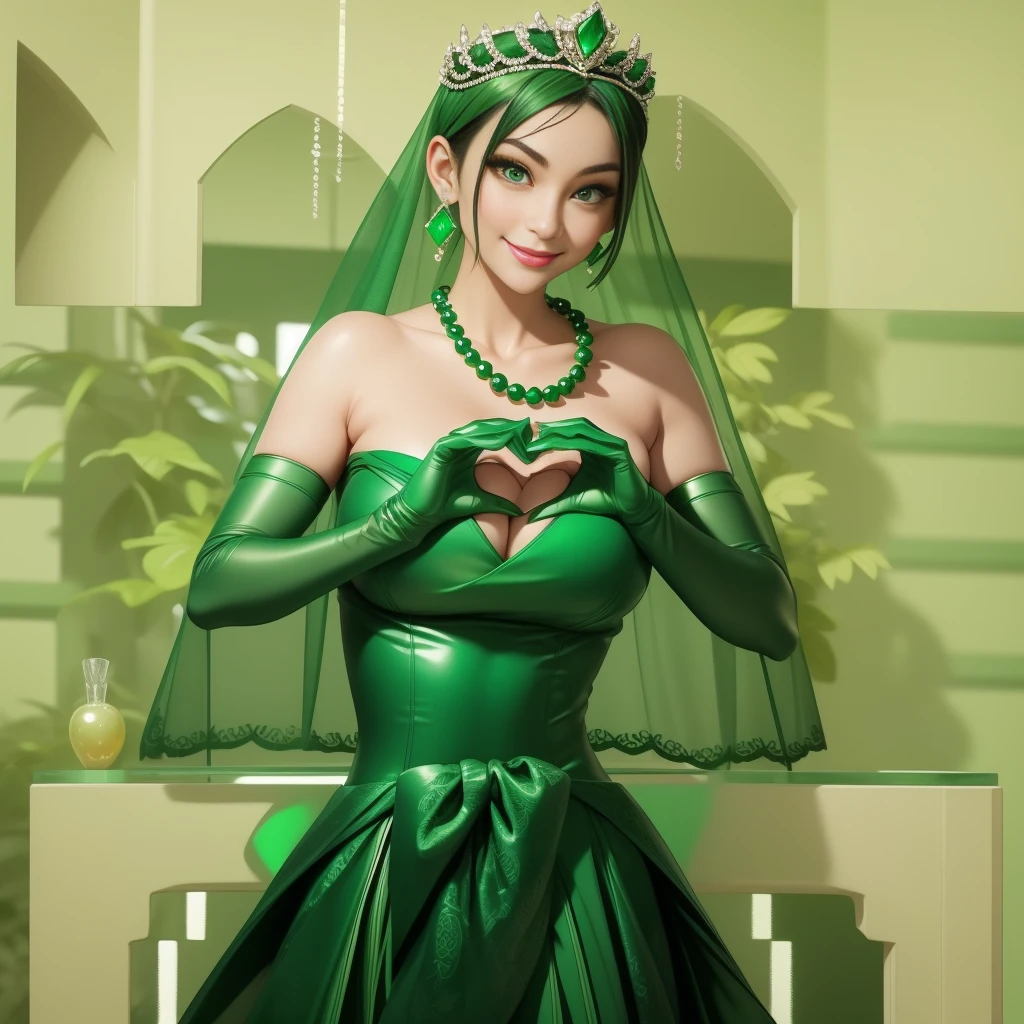 Emerald tiara, Green Pearl Necklace, Boyish, super short black hair, lipstick, Smiling Japanese woman, Very short hair,  Big tits beautiful, Green Eyes, Long green satin gloves, Green Eyes, Emerald Earrings, Green Veil, Heart with both hands