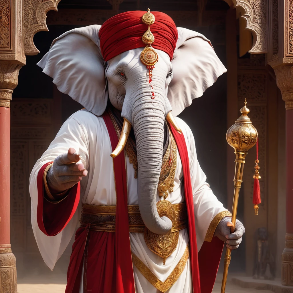 (1 white elephant-humanoid male:1.5), solo, wearing arabic priest cloathing, red turban på hovedet, fullbody-image, facing viewers, detailed elephant cleric male, long beefy carved tusks, semi strong body, (smirk:1.1), (nose blush:1.1), (big yellow eyes:1.1), (hvid pels:1.1), beautiful detailed face, cinematic lighting, shot on canon 5d, Greg Rutkowski, Yoji Shinkawa:0.6, perfect tusks, perfect trunk, 4 fingers on both hands,