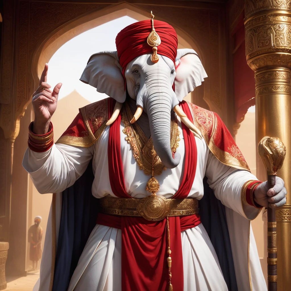 (1 white elephant-humanoid male:1.5), solo, wearing arabic priest cloathing, red turban på hovedet, fullbody-image, facing viewers, detailed elephant cleric male, long beefy carved tusks, semi strong body, (smirk:1.1), (nose blush:1.1), (big yellow eyes:1.1), (hvid pels:1.1), beautiful detailed face, cinematic lighting, shot on canon 5d, Greg Rutkowski, Yoji Shinkawa:0.6, perfect tusks, perfect trunk, 4 fingers on both hands,