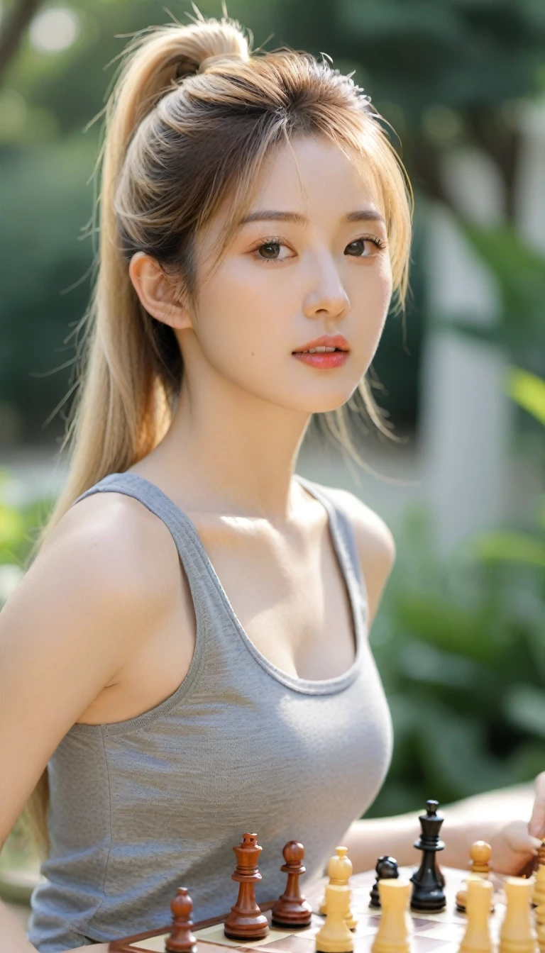 Close-up photo of a beautiful Korean woman, Bust size 34 inches, blonde high ponytail, Wear a gray tank top., Play chess in the garden, sunlight, bokeh background, UHD