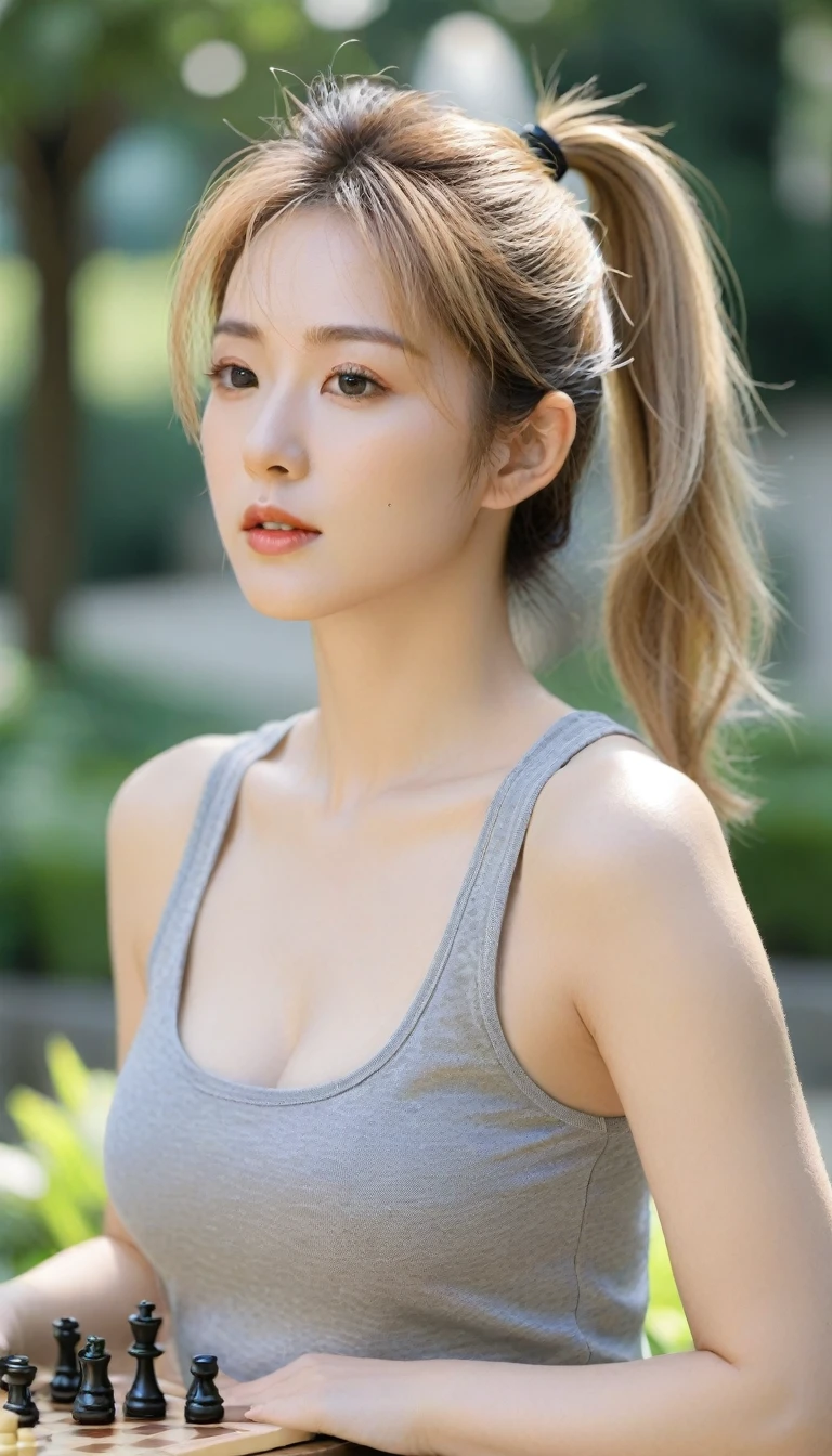 Close-up photo of a beautiful Korean woman, Bust size 34 inches, blonde high ponytail, Wear a gray tank top., Play chess in the garden, sunlight, bokeh background, UHD