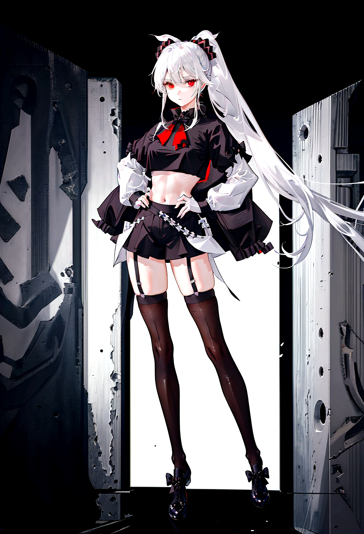 A girl,bunker,Black and white crop top,Black double ponytail,long white hair,bow knot,red eyes,Full body photo,Stand,perfect body figure,thin legsblack stockings lingerie,visible nipples, firm glutes