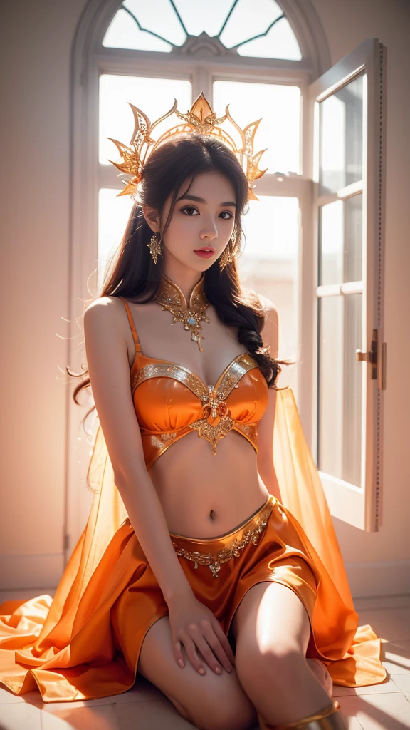 4K, UHD, masterpeice, 1 girl, petfect body, good face, very long hair, ((white skin)), fairytale fantasy outfit, orange coutfit, bare navel, fujicolor, window, depth of field, ray tracing, ultra realistic detailes, sitting,