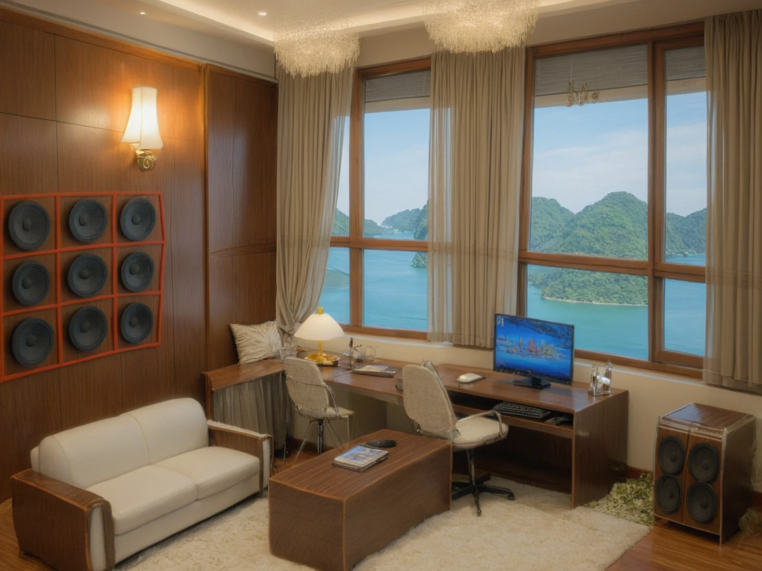 modern style living room design, 1 sofa, 1 wooden chest, 1 desk, 1 computer on the table, 1 desk lamp, 1 fur rug, 1 speaker box, glass wall with view of Ha Long Bay, 1 decorative wall lamp, 1 large painting behind the sofa