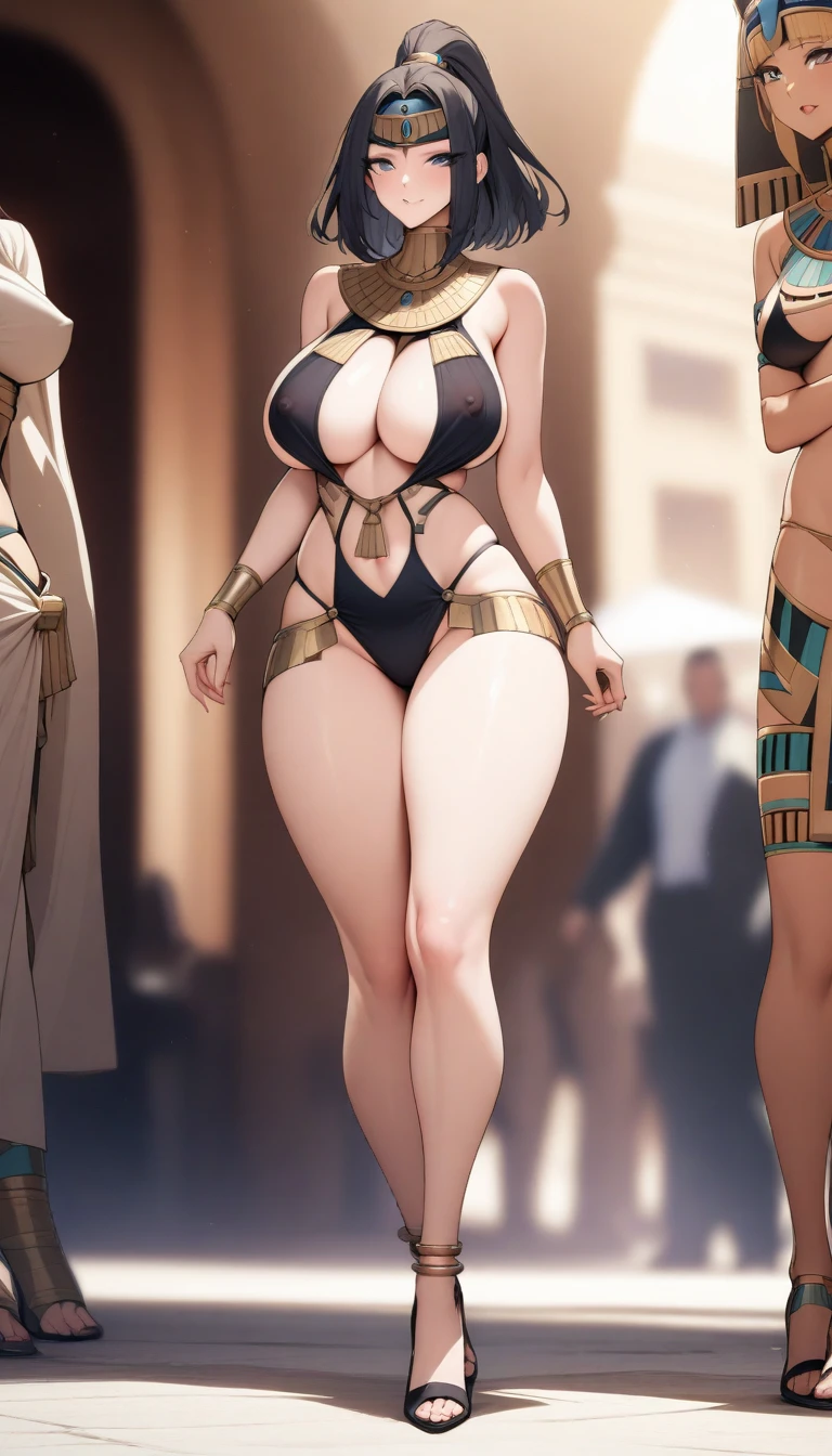 masterpiece, best quality, very aesthetic, absurdres, 1girl, mature_lady, full body,covered_nipple, ,Cutout Swimsuit: A swimsuit with strategic cutouts, revealing small portions of skin for a trendy style.,Egyptian Revival - Incorporates design motifs inspired by ancient Egyptian architecture.,blur background,background defocus