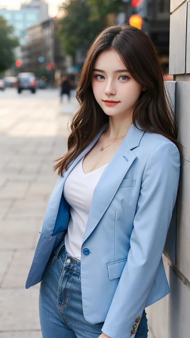 Gorgeus Girl, beautiful, Young face, 20 years old, white skin, side, sexy pose, suitable for business, blue eyes, muscle, Bokeh, modern place background, Masterpiece, full body shot, fashion suit jacket
