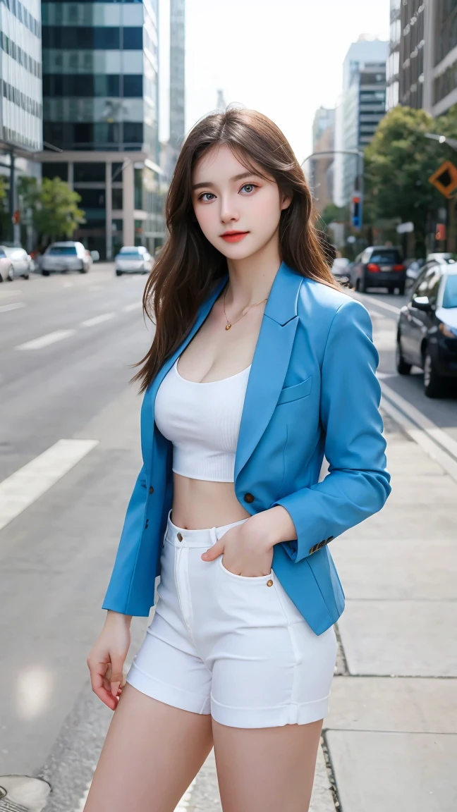 Gorgeus Girl, beautiful, Young face, 20 years old, white skin, side, sexy pose, suitable for business, blue eyes, muscle, Bokeh, modern place background, Masterpiece, full body shot, fashion suit jacket