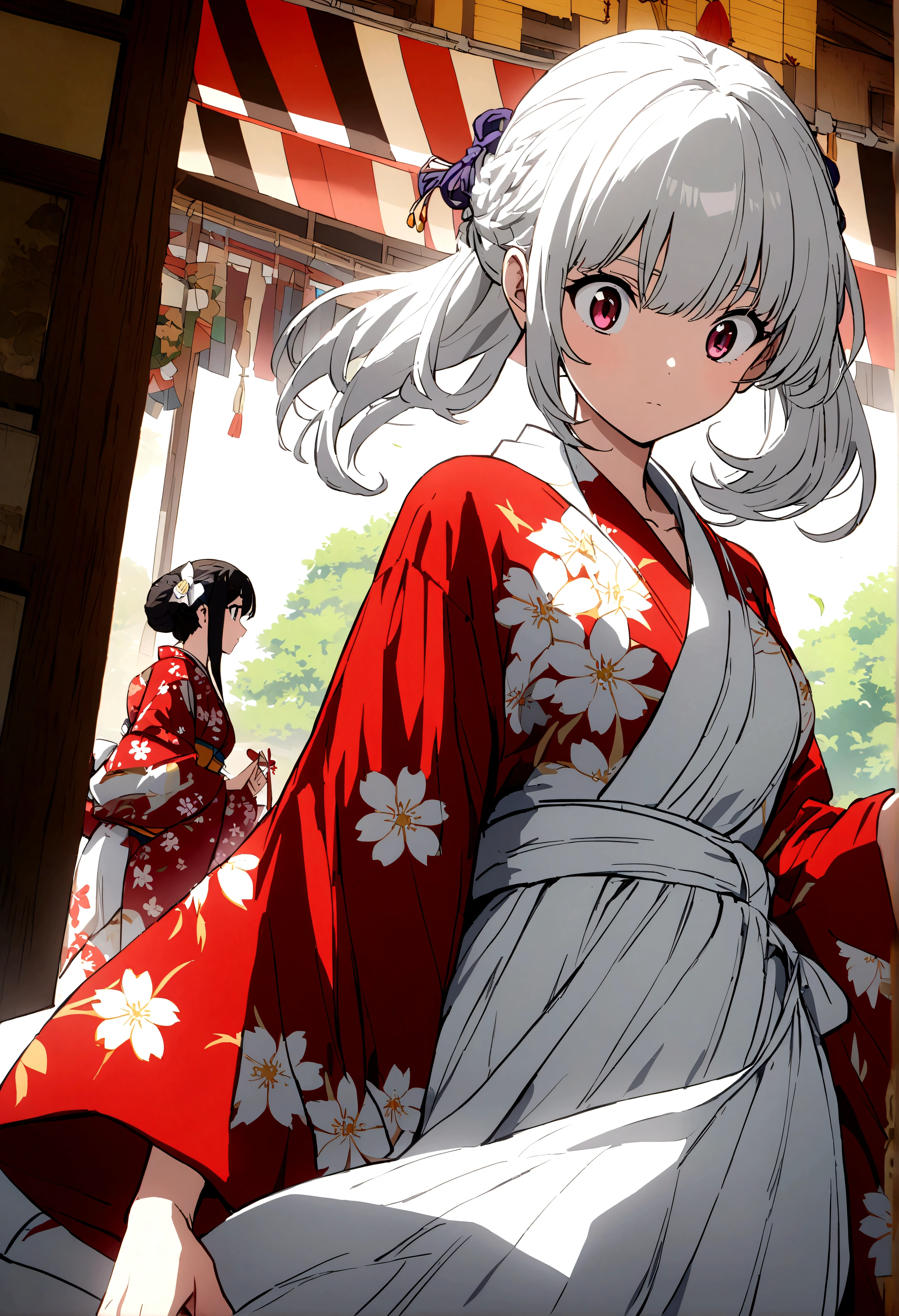 Japanese anime A long, white, white woman wearing a red floral yukata.