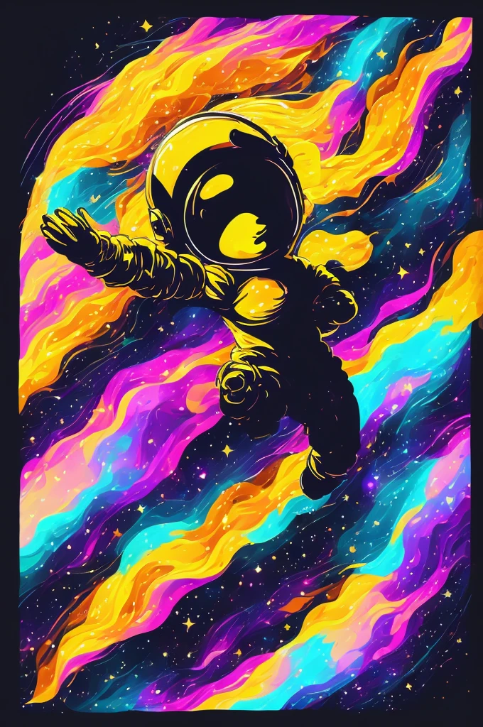 An angel in space, floating, avec un ours, dans un cercle, with black background and art vector style, in a vibrant and characteristic sunset, with a detailed, sharp outline, as a t-shirt logo in art style