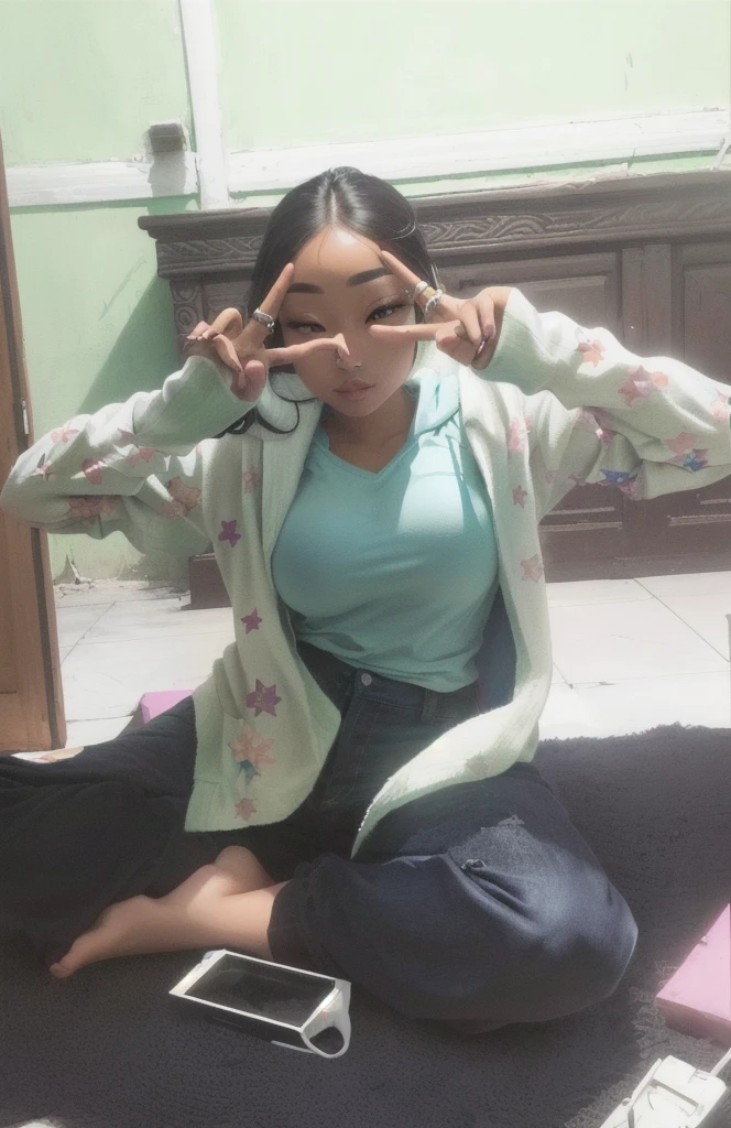 woman sitting on the floor with her hands in the air, cool pose, peacefull, anjali mudra, with a cool pose, shooting pose, peace sign, satisfied pose, armfold pose!, in a fighting pose, an artistic pose, with fingers, doing a sassy pose, in an action pose, inspired by Yi Insang, dang my linh, big bobs, perfect breast, bobs