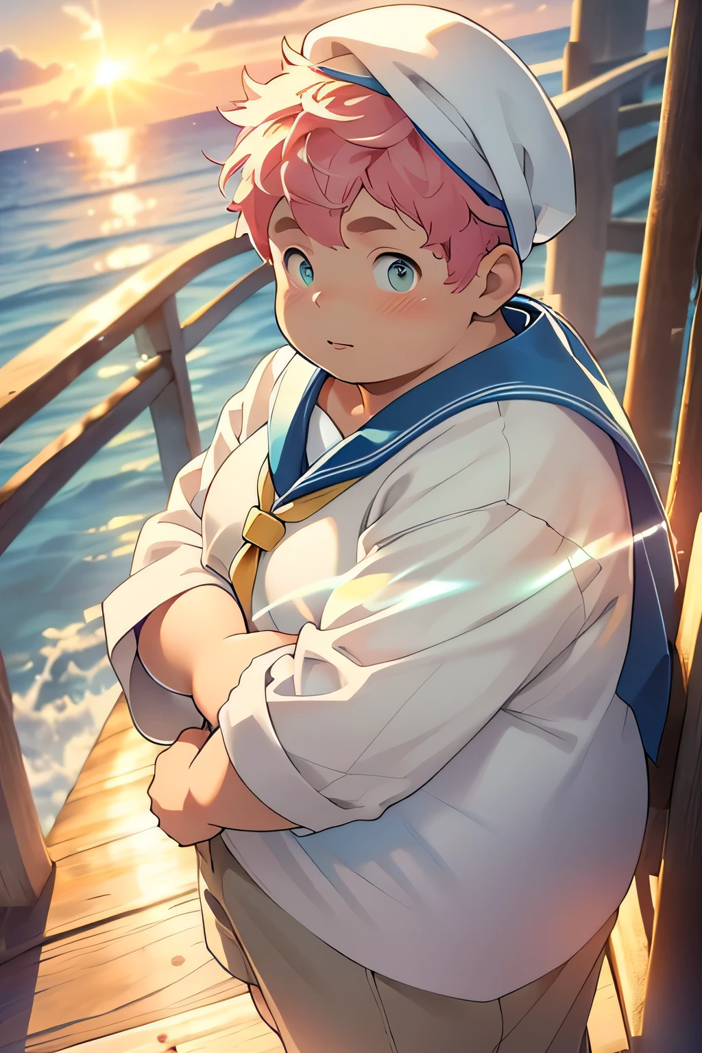 a chubby boy, cute, overweight, short pink hair, neon green eyes, sailor uniform, sailor hat, on a ship, gazing out to sea, happy, (best quality,4k,8k,highres,masterpiece:1.2),ultra-detailed,(realistic,photorealistic,photo-realistic:1.37),highly detailed portrait,beautiful detailed eyes,beautiful detailed lips,extremely detailed eyes and face,long eyelashes,vibrant colors,warm lighting,calm sea,golden sunset,glowing sky