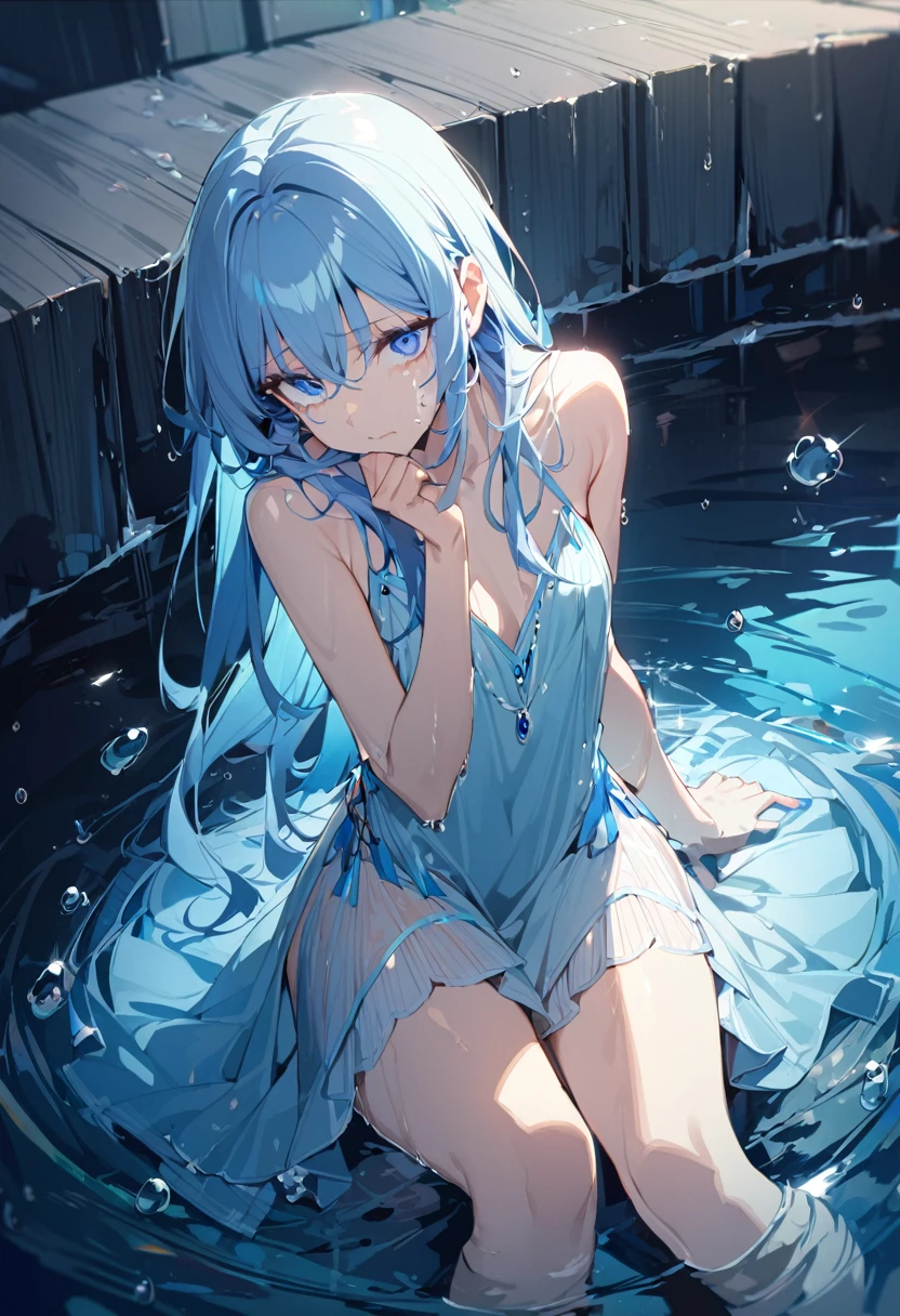 1 girl, masterpiece, best quality, beautiful, big eyes, sad, blue eyes, light blue hair, long hair, flapper dress, blue and light blue feathers, droplets on cheeks, water, anime