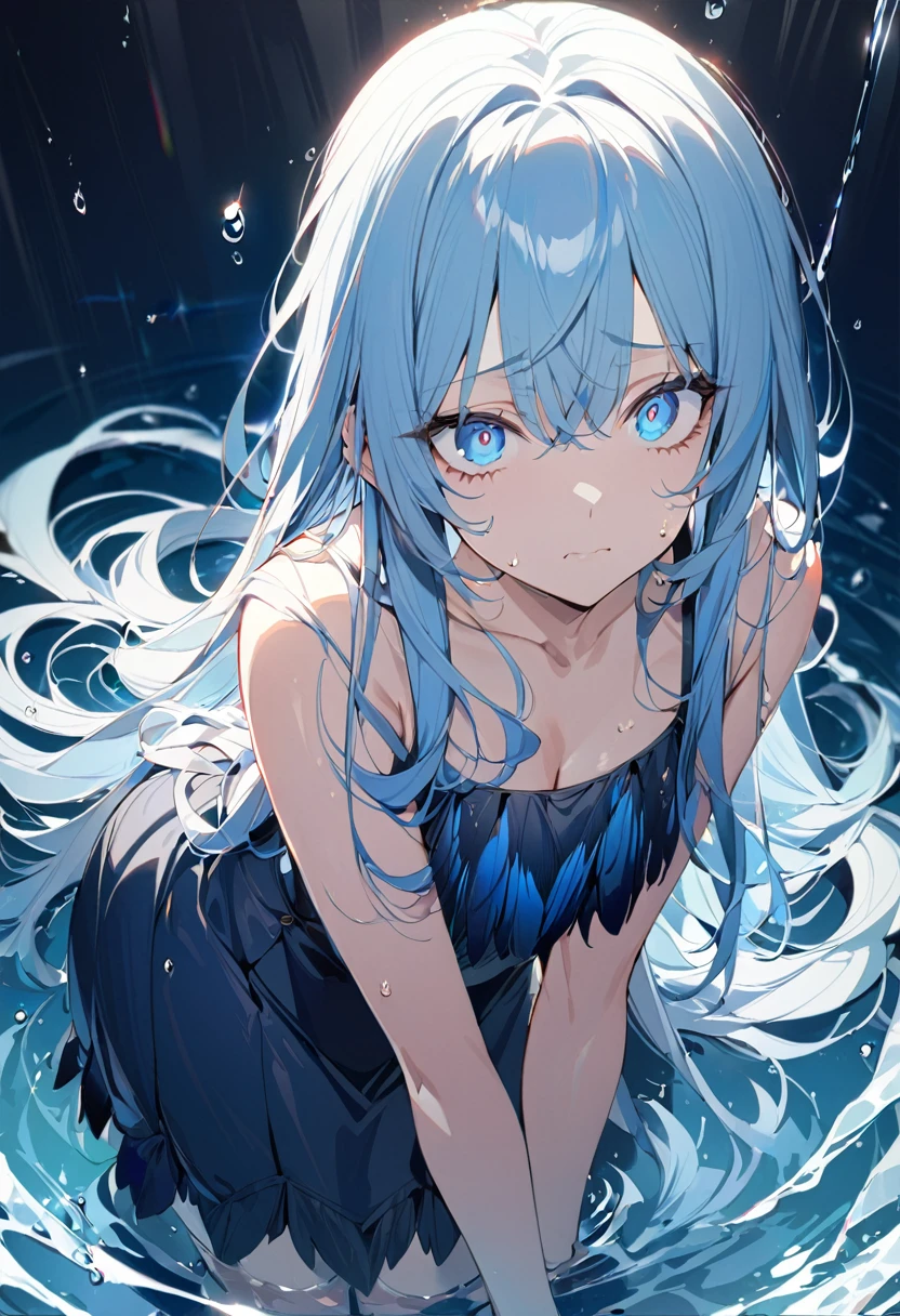 1 girl, masterpiece, best quality, beautiful, big eyes, sad, blue eyes, light blue hair, long hair, flapper dress, blue and light blue feathers, droplets on cheeks, water, anime