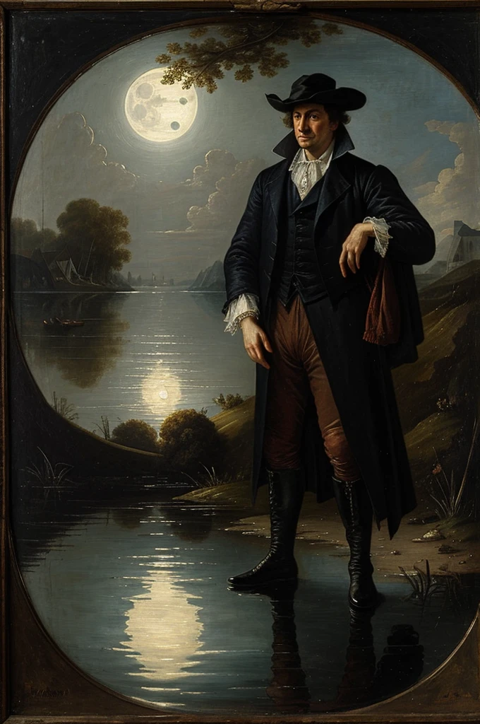 Man in dirty and ugly clothes seeing the reflection of his face in the water with the reflection of moonlight rembrant painting style 