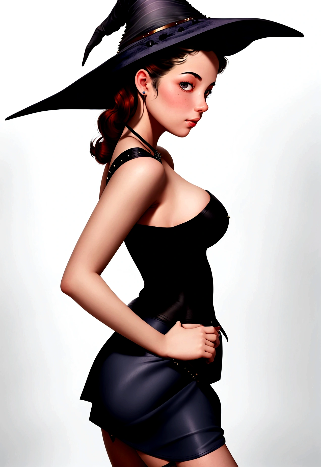 (), big fit ass ,(work of art), best qualityer, extremely detaild, (water colour), white studio background, Delicate and gorgeous, profile shot portrait, pert butt, (from low),(1 little Pin Up girl witch:1.4), (alone:1.2), seios big fit asss, neckleace (pulmonary disease :1.3), sample shoulder, (super short skirt:1.2), bared shoulders, (below the chest), gorgeous eyes, (disheveled hair ), fot, over shoulder shot, proffesional, Spitz, bokeh, Studio quality, Fish-eye lens,