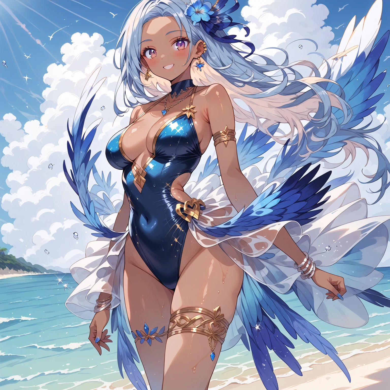 score_9, score_8_up, score_7_up, source_anime,masterpiece, best quality, high resolution, extremely detailed CG, absurdres, highres, 1girl, a dark skin girl in a swimsuit, posing at the beach, (((light blue hair))), golden_decorations, feathers on swimsuit, asymmetric swimsuit, ((glitter swimsuit, shiny swimsuit)), Ombre swimsuit, gorgeous, single thighhigh, beach and blue sky in background, ((((transparent_dress))))