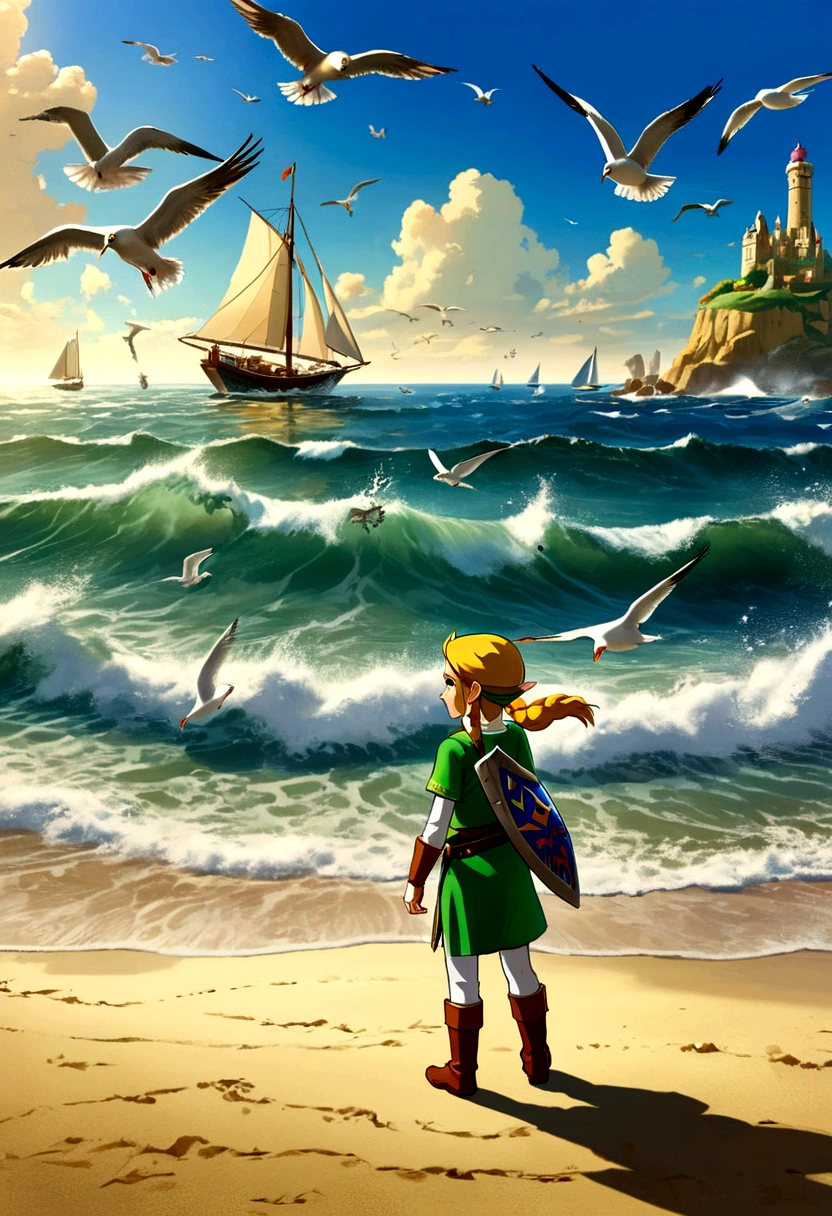(The Legend of Zelda), Brave Link, waves crashing against the coast, children playing on the beach, distant sailboats are sailing against a backdrop of sea and sky, seagulls are freely circling in the sky, full body, (Photography), panoramic view, award-winning, cinematic still, emotional, vignette, dynamic, vivid, (masterpiece, best quality, Professional, perfect composition, very aesthetic, absurdres, ultra-detailed, intricate details:1.3)