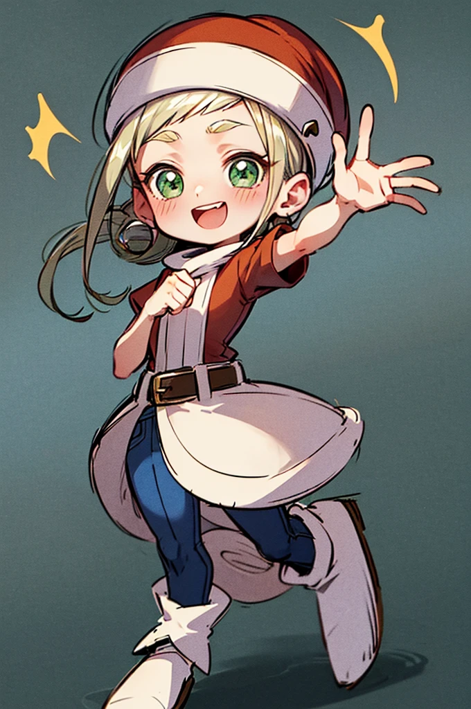 masterpiece, best quality, full body, simple background:1.2, no background, Ojamajo Doremi style, ojaskmmkcs, standing, very tall:1.5, smile, wink, one eye closed, adult, medium breasts, heavy winter brown jacket:1.2, gray shirt:1.2, blue jean pants, winter hat, green eyes, blush, energetic pose, hands behind back:1.2