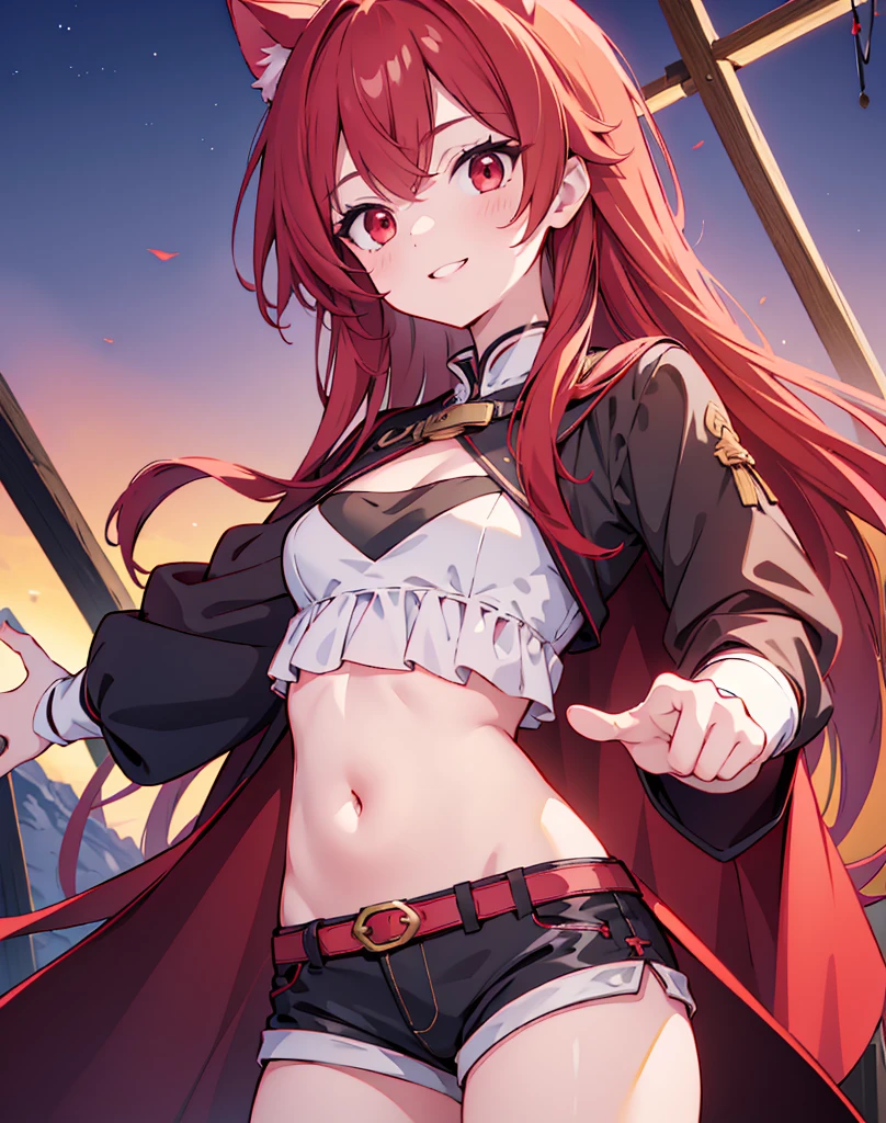 (master piece:1.2), (best Quality:1.2), (ultra detailed:1.2), (highres:1.2), 4k, 8k, cowboy shot, look at viewer, long hair, straight hair, medium breasts, straight hair, (red hair:1.2), (red eyes:1.2), pela skin, eyes focus, smile, slender, fantasy,  girl, tiny, short statur, Medieval bar, from above, cat ear, cat tail, crop top, cape, short shorts, outstretched hand, happy cat pose 