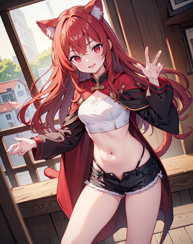 (master piece:1.2), (best Quality:1.2), (ultra detailed:1.2), (highres:1.2), 4k, 8k, cowboy shot, look at viewer, long hair, straight hair, medium breasts, straight hair, (red hair:1.2), (red eyes:1.2), pela skin, eyes focus, smile, slender, fantasy, small girl, tiny, short statur, Medieval bar, from above, cat ear, cat tail, crop top, cape, short shorts, outstretched hand, happy cat pose 