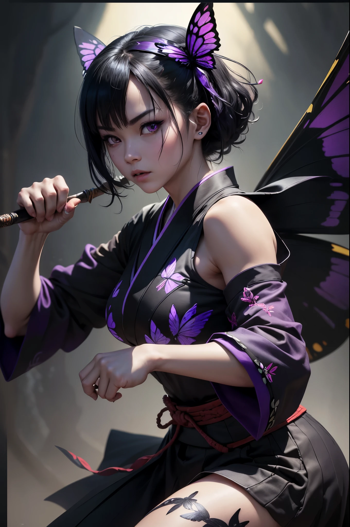 8K,Women in traditional Japanese kimonos fighting,(Dark Shot:1.4), 80mm, (Dark Shot:1.4), 80mm, A magnificent reality, Big eyes,Black short bob hair,Black and purple butterfly hair ornament,Black kimono and red obi,黒と紫のButterfly embroidery(精密なButterfly embroidery),Purple eyes(Purple Effect),mat, art,Horror movie lights, Photo Lab, High resolution, 複雑で非常にdetailed, (Depth of written border:1.4), (Dark Shot:1.22), (artステーション:1.2), 超detailedな, dramatic, Intricate details, (Technicolor:0.9), (Rutkowski:0.8), Like a horror movie, detailed, Soft Light, sharp, Exposure Blending, Medium Shot, (Noir:0.4), horror light,sharp, Exposure Blending、Medium Shot,Photorealistic RAW photos of the highest quality。Backlight, Cinema Lighting, Film Grain, 50mm lens, Nikon D850,Realistic Skin,ファンタジーart,キャラクターart,超High resolution,Muscular and slim body,super Realistic Skin,Late Night,Underworld demon makeup,Battle Scenes,Action Scenes,Action pose,激しいAction pose,fierce fighting,Holding a dagger,Acrobatic pose,Fighting Style,Butterfly embroidery,Dim forest,