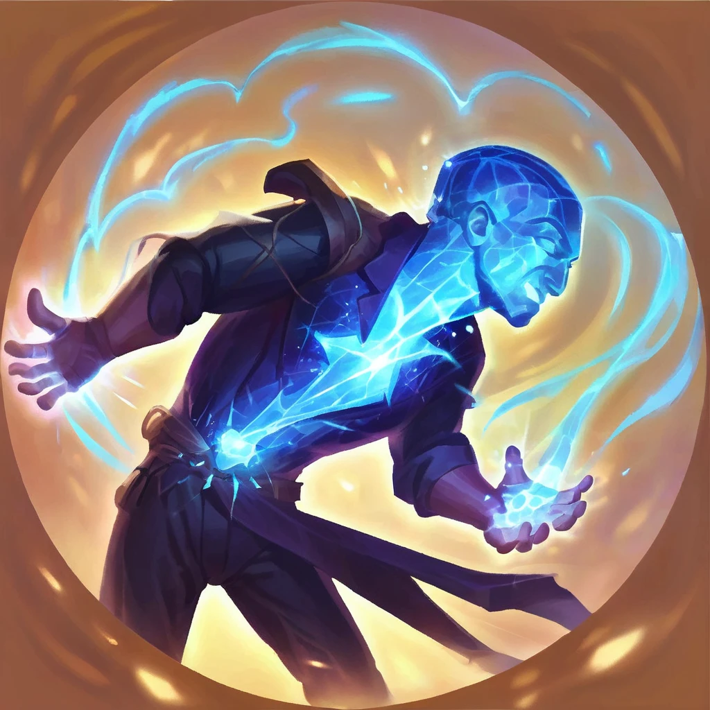 icon of person shaking in pain with dark blue sparkles around him, while being compressed from the outside to the inside, cracks in the body. the magic is called tremor