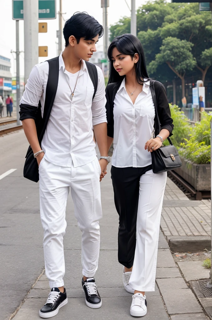 Boy convencing his love to the girl near railway station boy with black hair white shirt white pant white shoes girl with her handbag white dress white pant Black shod she having black hair 