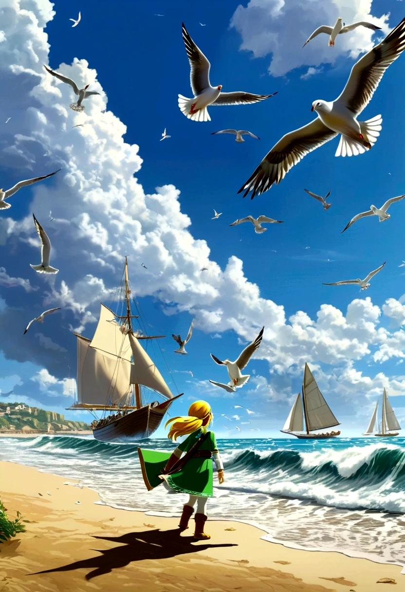 (The Legend of Zelda), Brave Link, waves crashing against the coast, children playing on the beach, distant sailboats are sailing against a backdrop of sea and sky, seagulls are freely circling in the sky, full body, (Photography), panoramic view, award-winning, cinematic still, emotional, vignette, dynamic, vivid, (masterpiece, best quality, Professional, perfect composition, very aesthetic, absurdres, ultra-detailed, intricate details:1.3)