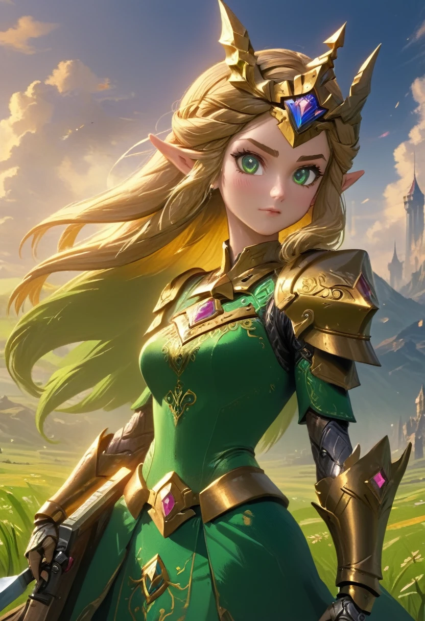 high details, best quality, 16k, [ultra detailed], masterpiece, best quality, (extremely detailed), full body, ultra wide shot, photorealistic, , fantasy art, dnd art, rpg art, realistic art, a wide angle, (((anatomically correct))) a wallpaper of an Princess Zelda, ready for battle with her mount (intense details, Masterpiece, best quality: 1.5),Princess Zelda (intense details, Masterpiece, best quality: 1.5), ultra detailed face, ultra feminine, fair skin, exquisite beauty, gold hair, long hair, wavy hair, small pointed ears, dynamic eyes color, wearing heavy green mech armor, shinning metal, armed with elven sword, green meadows, blue skies background and some clouds background depth of field (intricate details, Masterpiece, best quality: 1.5), full body (intricate details, Masterpiece, best quality: 1.5), high details, best quality, highres, ultra wide angle, Mechanical Creatures