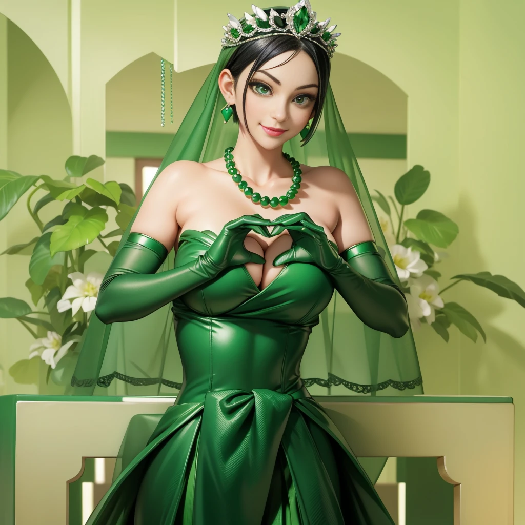 Emerald tiara, Green Pearl Necklace, Boyish, super short black hair, lipstick, Smiling Japanese woman, Very short hair,  Big tits beautiful, Green Eyes, Long green satin gloves, Green Eyes, Emerald Earrings, Green Veil, Heart with both hands