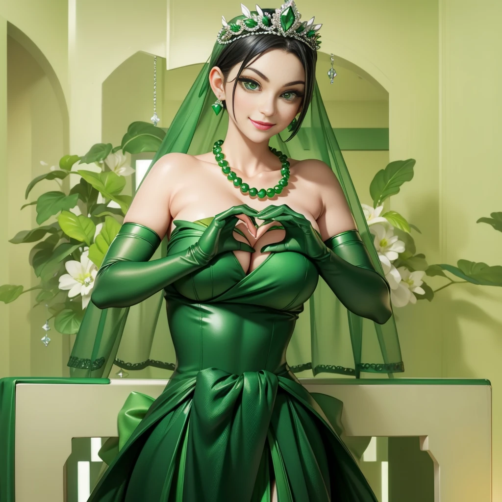 Emerald tiara, Green Pearl Necklace, Boyish, super short black hair, lipstick, Smiling Japanese woman, Very short hair, Big tits beautiful, Green Eyes, Long green satin gloves, Green Eyes, Emerald Earrings, Green Veil, Heart with both hands