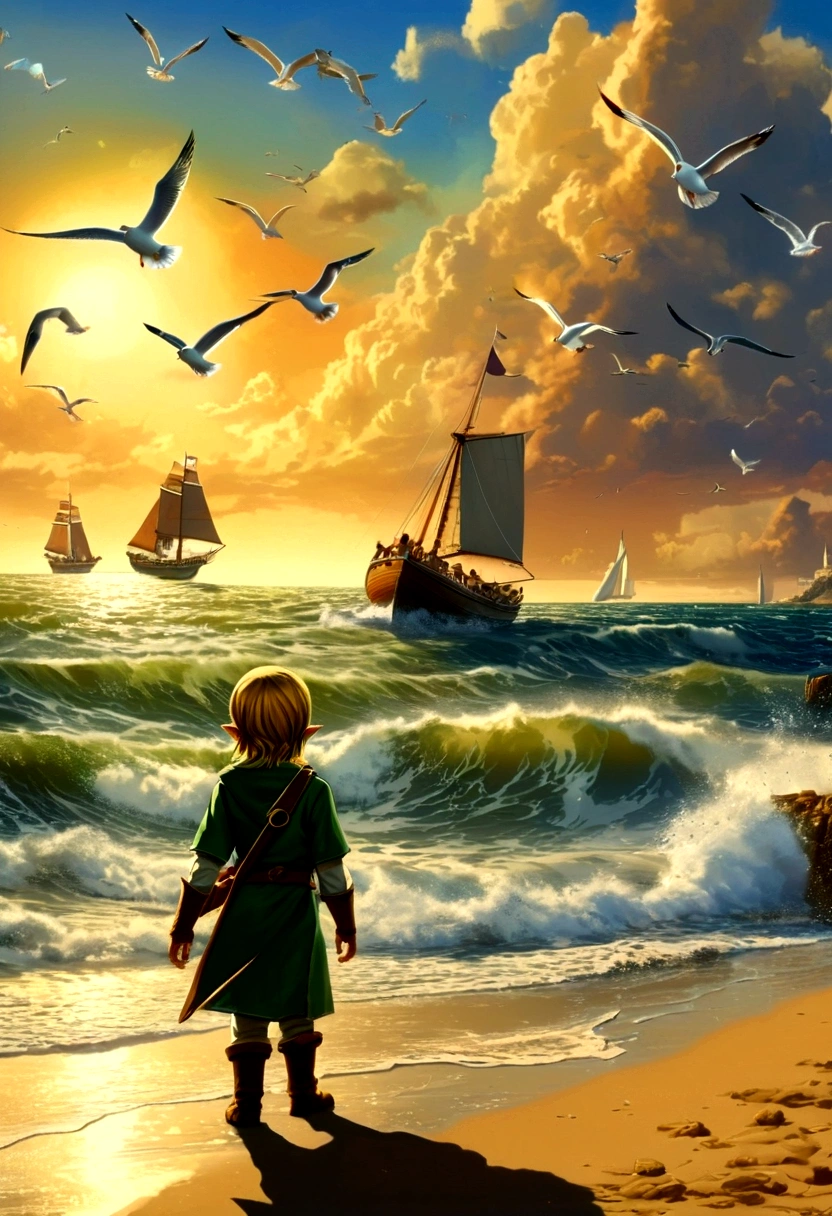 (The Legend of Zelda), Brave Link, waves crashing against the coast, children playing on the beach, distant sailboats are sailing against a backdrop of sea and sky, seagulls are freely circling in the sky, full body, (Photography), panoramic view, award-winning, cinematic still, emotional, vignette, dynamic, vivid, (masterpiece, best quality, Professional, perfect composition, very aesthetic, absurdres, ultra-detailed, intricate details:1.3)