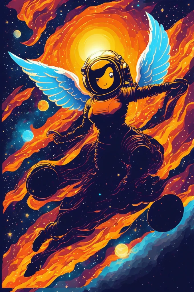 Whale in space, floating, avec un ours, dans un cercle, with black background and art vector style, in a vibrant and characteristic sunset, with a detailed, sharp outline, as a t-shirt logo in art style