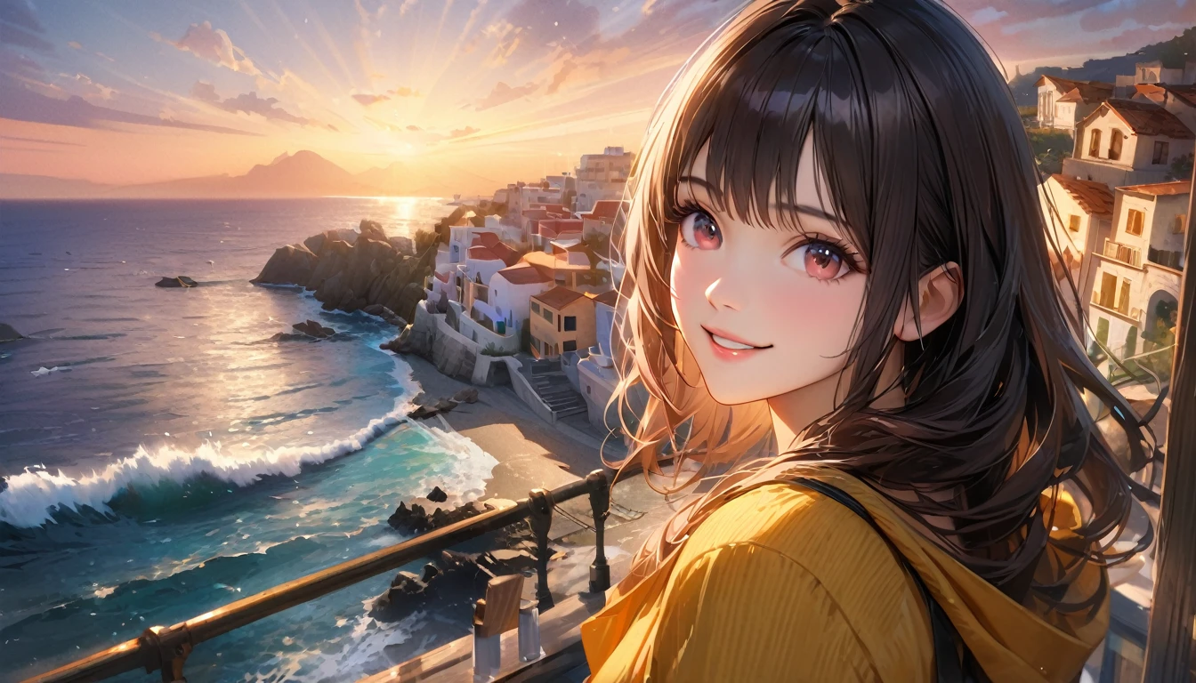 Sparkling sea in Greece , Sunny sky with fluffy white clouds, houses along the coast, Blur the background,Pleasant sea breeze,Young woman with dark hair,smile,Glitter effect,highest quality, 4K, 8K, High resolution, masterpiece:1.2, Very detailed, Realistic:1.37, High resolution, 超High resolution, Studio Lighting, Ultra-fine painting, Sharp focus, Physically Based Rendering, Very detailed explanation, Professional, Vibrant colors