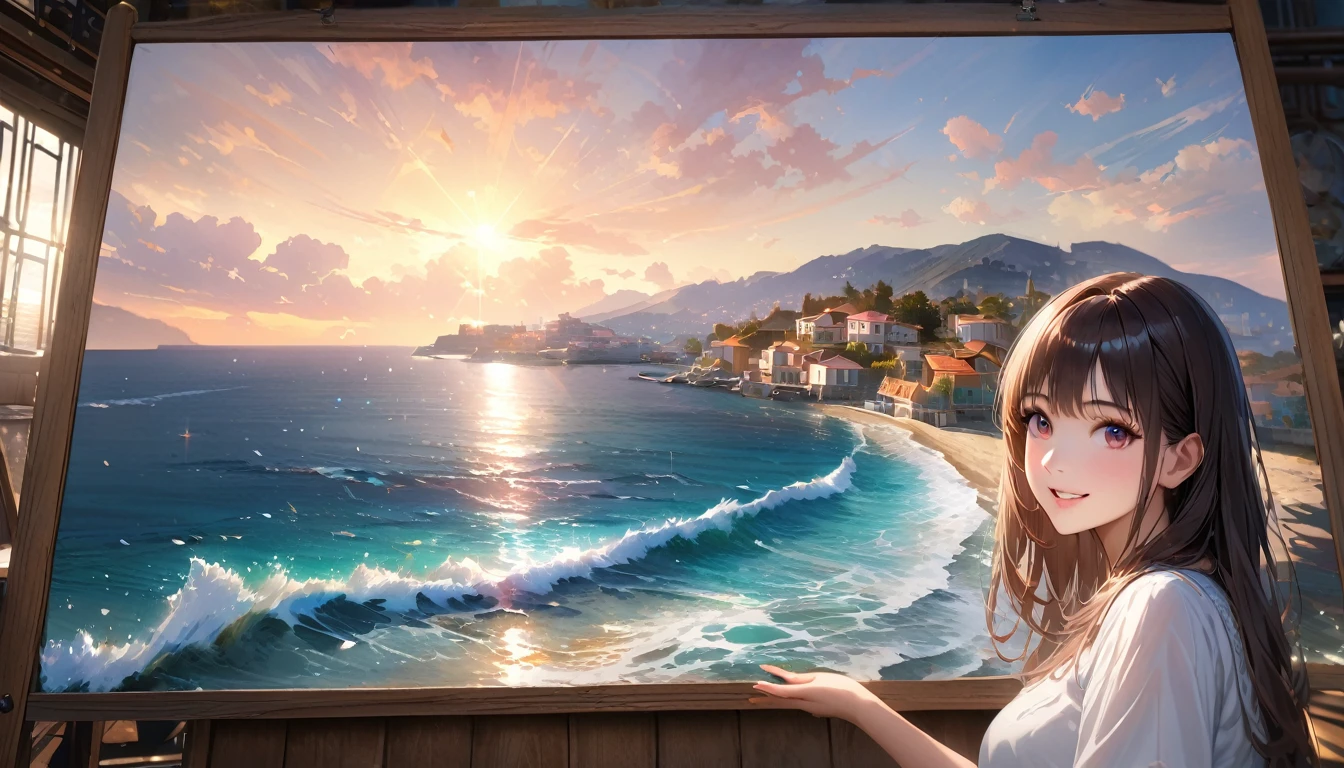 Sparkling sea in Greece , Sunny sky with fluffy white clouds, houses along the coast, Blur the background,Pleasant sea breeze,Young woman with dark hair,smile,Glitter effect,highest quality, 4K, 8K, High resolution, masterpiece:1.2, Very detailed, Realistic:1.37, High resolution, 超High resolution, Studio Lighting, Ultra-fine painting, Sharp focus, Physically Based Rendering, Very detailed explanation, Professional, Vibrant colors
