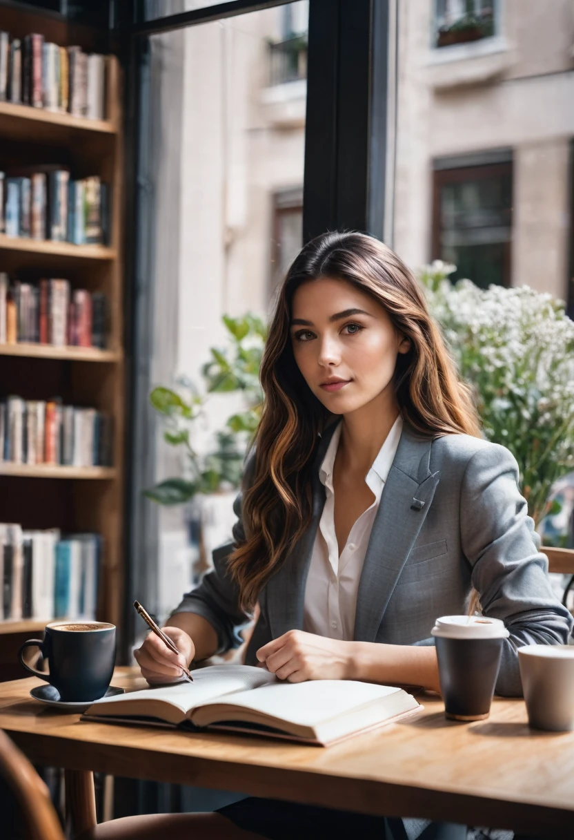 a stunning young woman is sitting in a cozy cafe, Completely engaged in writing on her notebook. Her hair falls softly over her shoulders, your eyes express concentration and inspiration. She is dressed casually and elegantly, capturing the essence of a modern writer.
Across the table, an attractive and charming young man, wearing an impeccable dark suit, holds a cup of coffee. His eyes are fixed on the young writer, a slight smile on the lips indicating a mixture of admiration and curiosity. The surrounding atmosphere is welcoming, with shelves of books and modern cafe decor in the background, creating a scenario that invites the reader to delve into the story of unlikely encounters and growing passions.