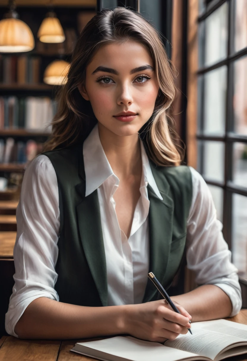 a stunning young woman is sitting in a cozy cafe, Completely engaged in writing on her notebook. Her hair falls softly over her shoulders, your eyes express concentration and inspiration. She is dressed casually and elegantly, capturing the essence of a modern writer.

Across the table, an attractive and charming young man, wearing an impeccable dark suit, holds a cup of coffee. His eyes are fixed on the young writer, a slight smile on the lips indicating a mixture of admiration and curiosity. The surrounding atmosphere is welcoming, with shelves of books and modern cafe decor in the background, creating a scenario that invites the reader to delve into the story of unlikely encounters and growing passions.
