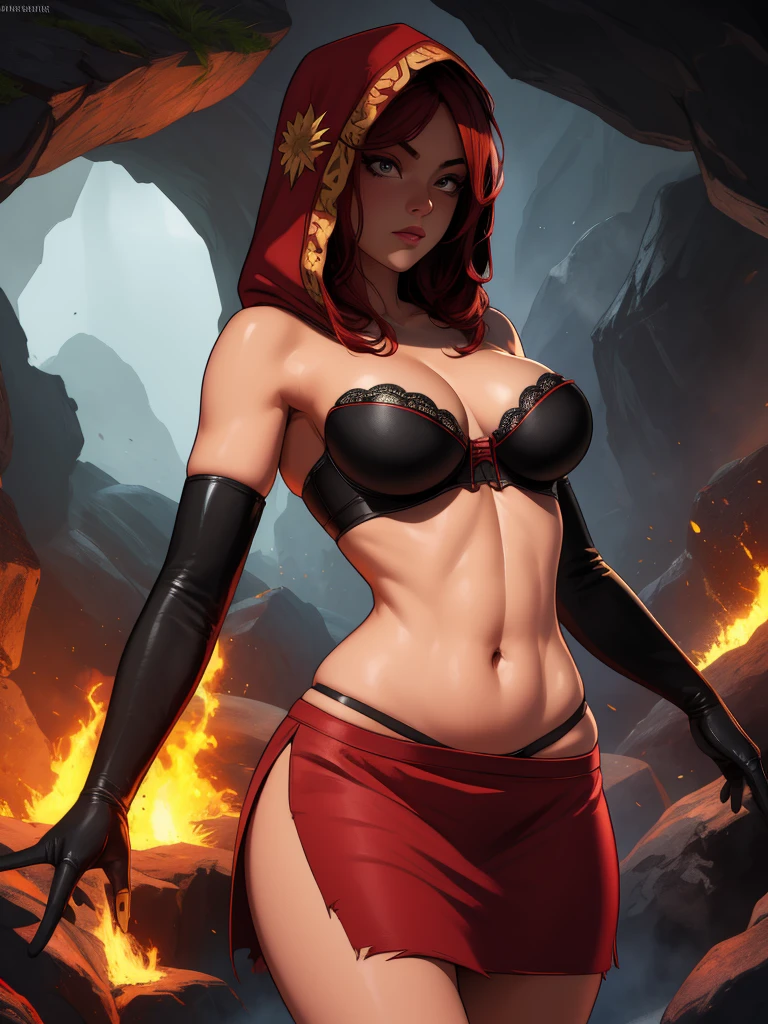 Dsorceress, redhair, shadowy face,dark cave, fire, hood, shadowed face, strapless bra, slim and athletic body, miniskirt, no panty, elbow gloves, dark skin, 1 girl (insanely detailed, masterpiece, best quality)