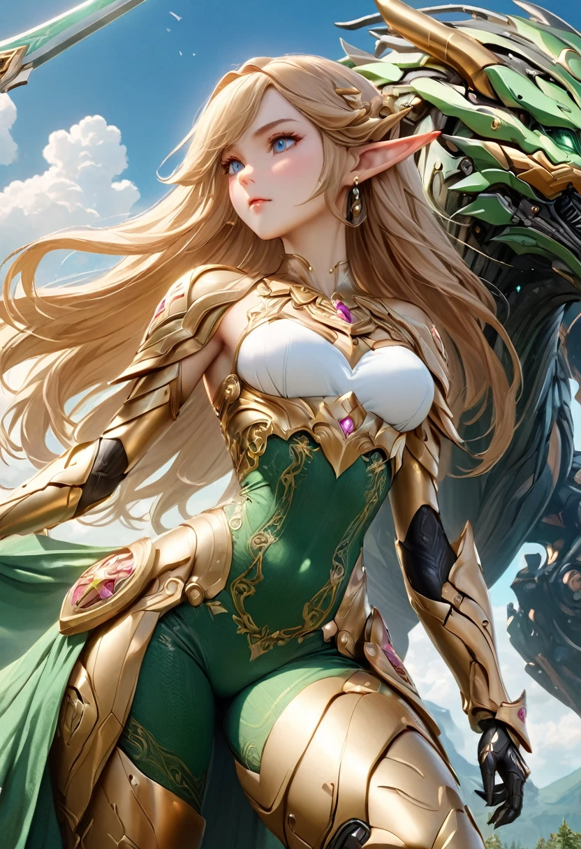 high details, best quality, 16k, [ultra detailed], masterpiece, best quality, (extremely detailed), full body, ultra wide shot, photorealistic, , fantasy art, dnd art, rpg art, realistic art, a wide angle, (((anatomically correct))) a wallpaper of an Princess Zelda, ready for battle with her mount (intense details, Masterpiece, best quality: 1.5),Princess Zelda (intense details, Masterpiece, best quality: 1.5), ultra detailed face, ultra feminine, fair skin, exquisite beauty, gold hair, long hair, wavy hair, small pointed ears, dynamic eyes color, wearing heavy green mech armor, shinning metal, armed with elven sword, green meadows, blue skies background and some clouds background depth of field (intricate details, Masterpiece, best quality: 1.5), full body (intricate details, Masterpiece, best quality: 1.5), high details, best quality, highres, ultra wide angle, Mechanical Creatures